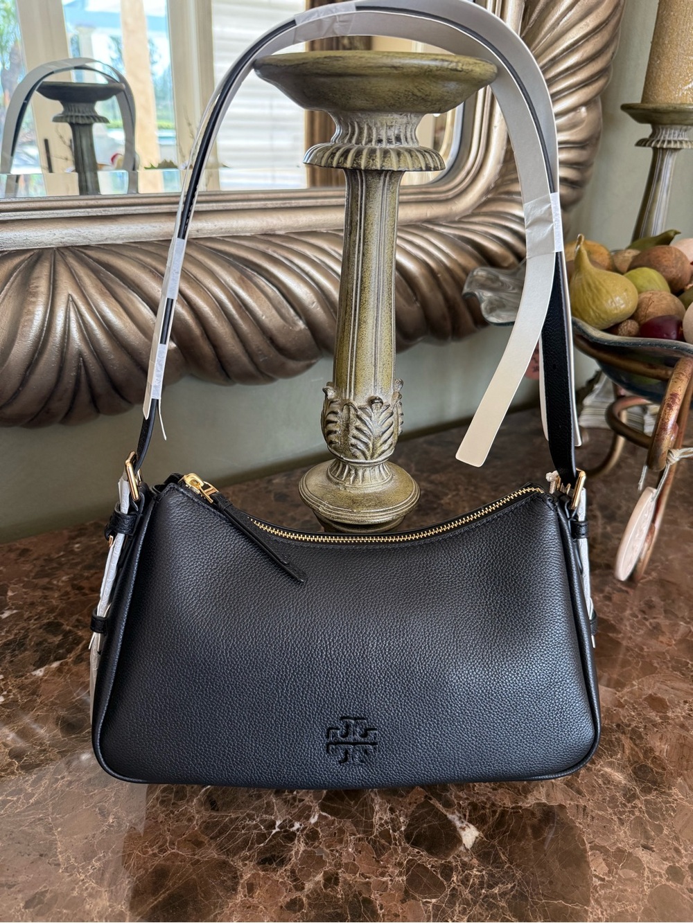 Tory Burch Thea Zip Top Black Pebbled Leather Hobo Shoulder Bag, NWT